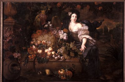 Stilleben i et landskab med kvindeskikkelse af German School